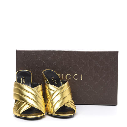 Gucci Metallic Nappa Webby Crossover High Heel Slide Sandals 35 Oro Vecchio 11 of 11