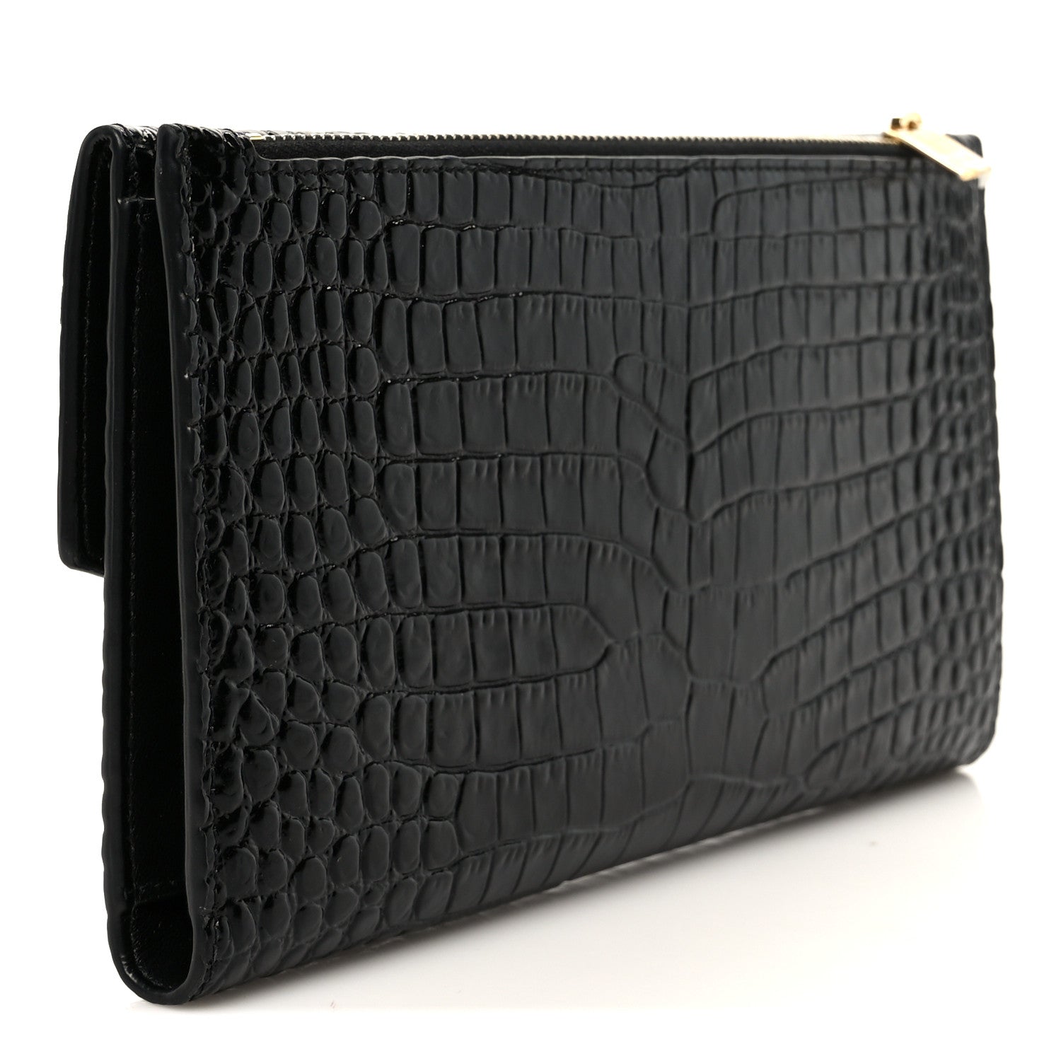 Saint Laurent Shiny Calfskin Crocodile Embossed Monogram Uptown Wallet Black 3 of 9