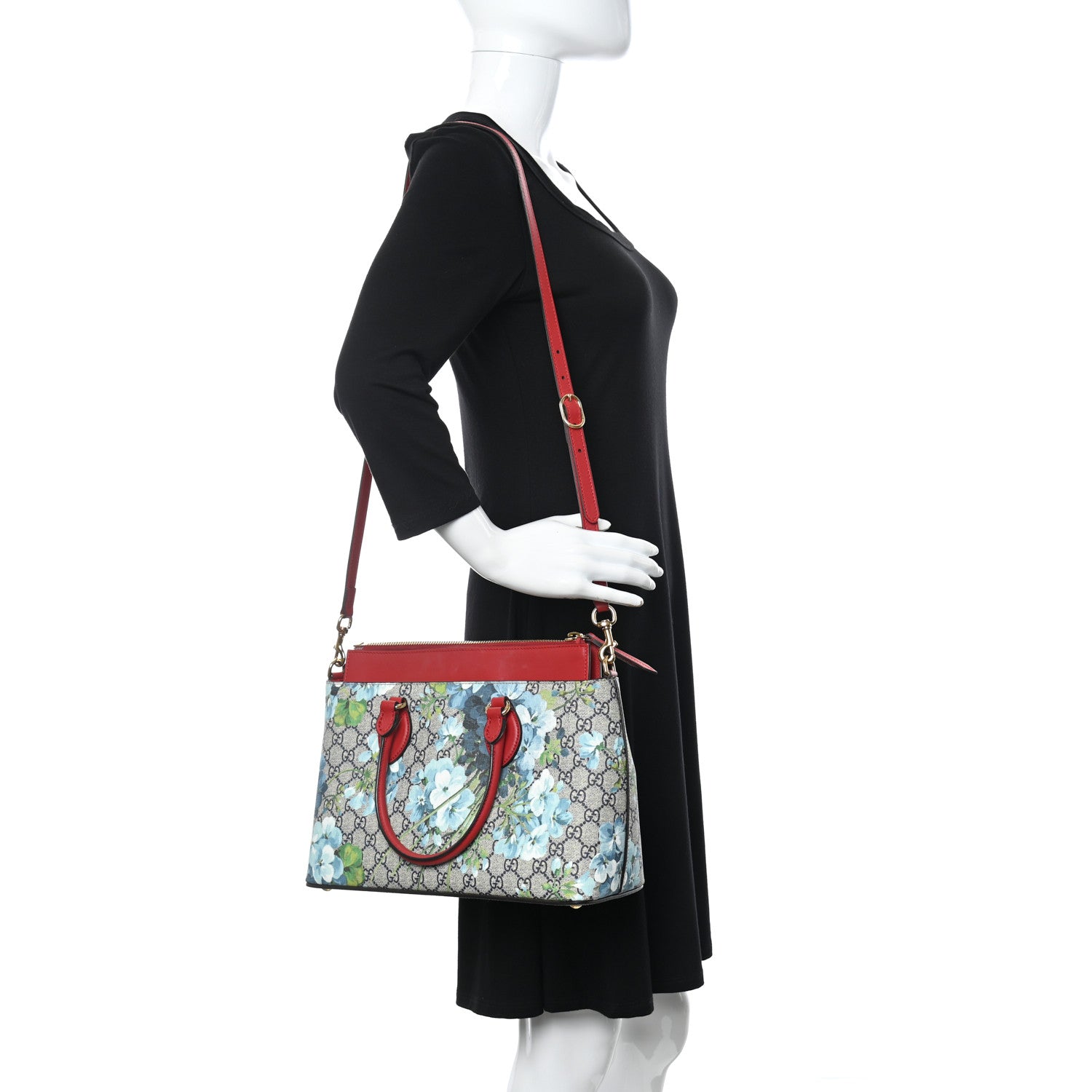 Gucci GG Supreme Monogram Blooms Medium Zip Top Tote Beige Blue Navy Hibiscus Red 2 of 11