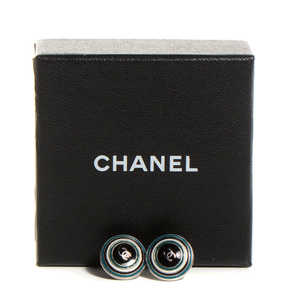 Chanel Enamel Button CC Earrings Turquoise Black 5 of 5