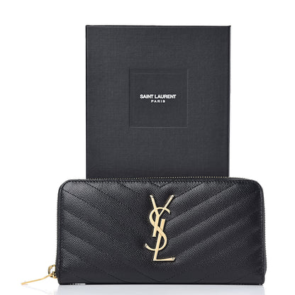 Saint Laurent Grain De Poudre Matelasse Chevron Monogram Zip Around Wallet Black 7 of 7