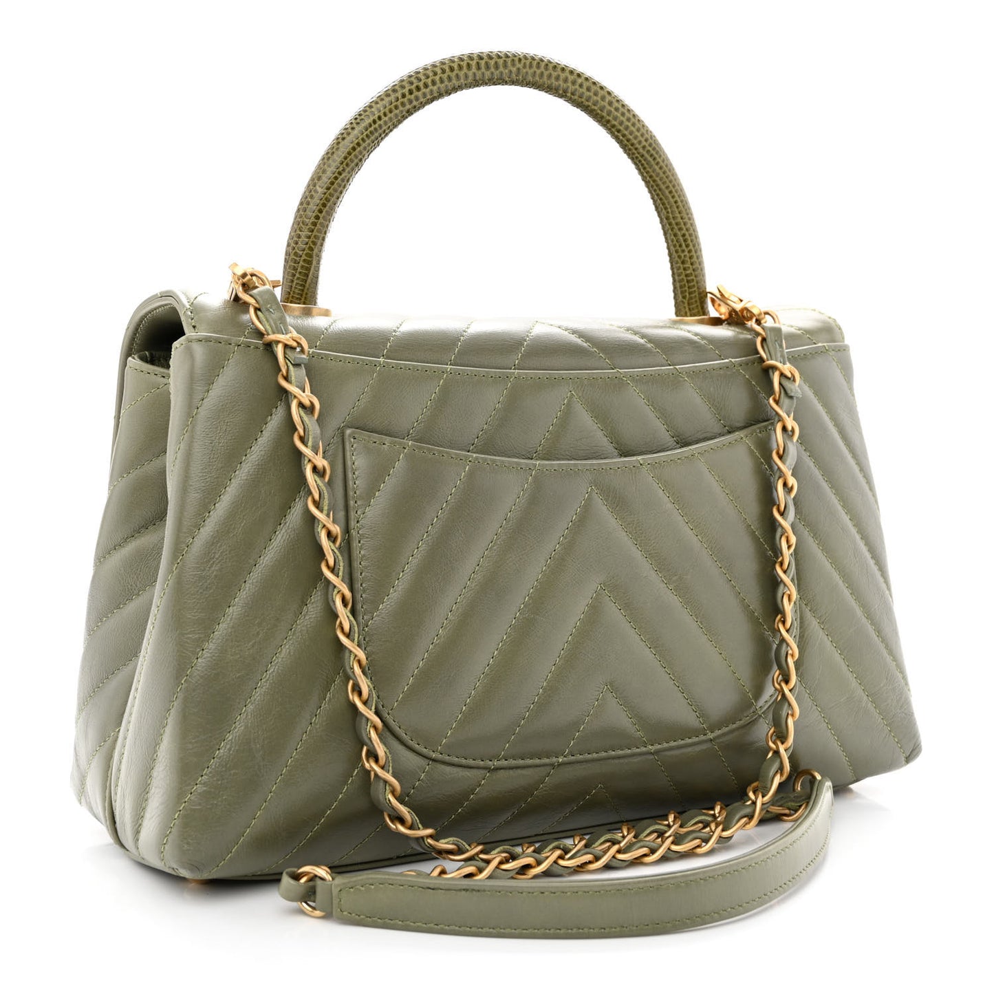Calfskin Lizard Chevron Quilted Small Coco Handle Flap Green