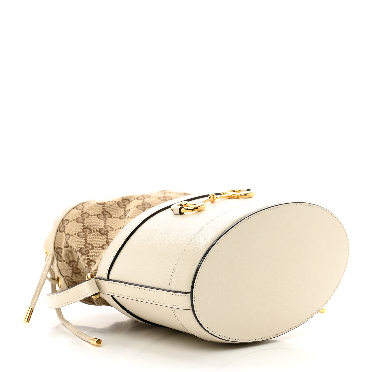 Gucci Monogram Textured Calfskin Horsebit 1955 Drawstring Bucket Bag Beige Mystic White 4 of 10
