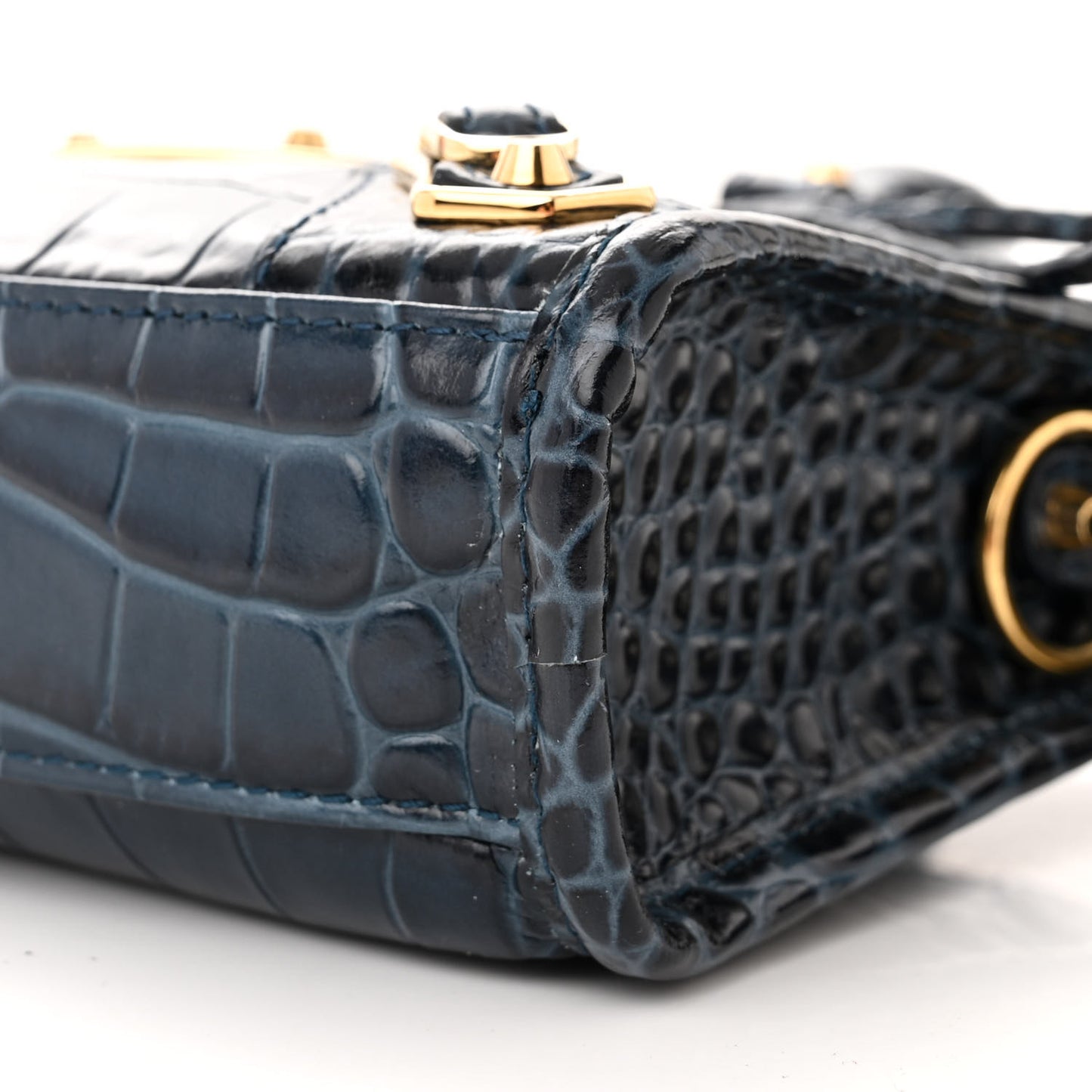 Shiny Supple Calfskin Crocodile Embossed Gold Metallic Edge Hardware Nano City Denim Blue