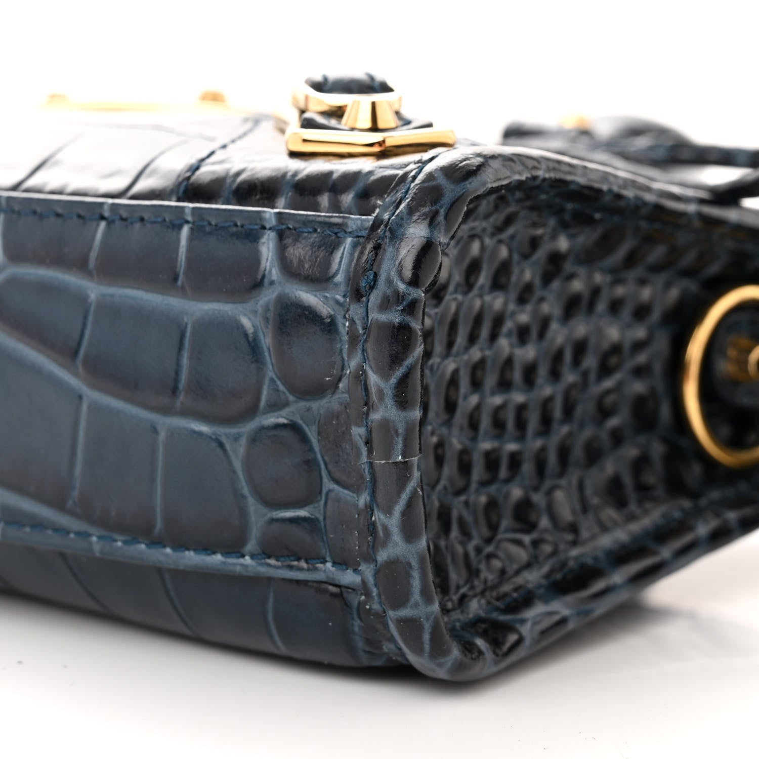 Balenciaga Shiny Supple Calfskin Crocodile Embossed Gold Metallic Edge Hardware Nano City Denim Blue 10 of 11