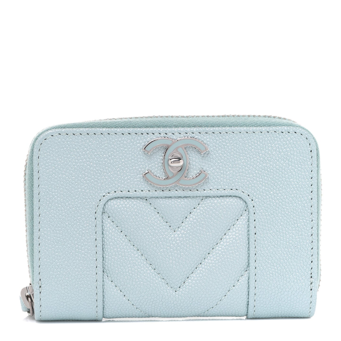 Metallic Caviar Chevron Quilted Vintage Mademoiselle Zip Coin Purse Light Blue