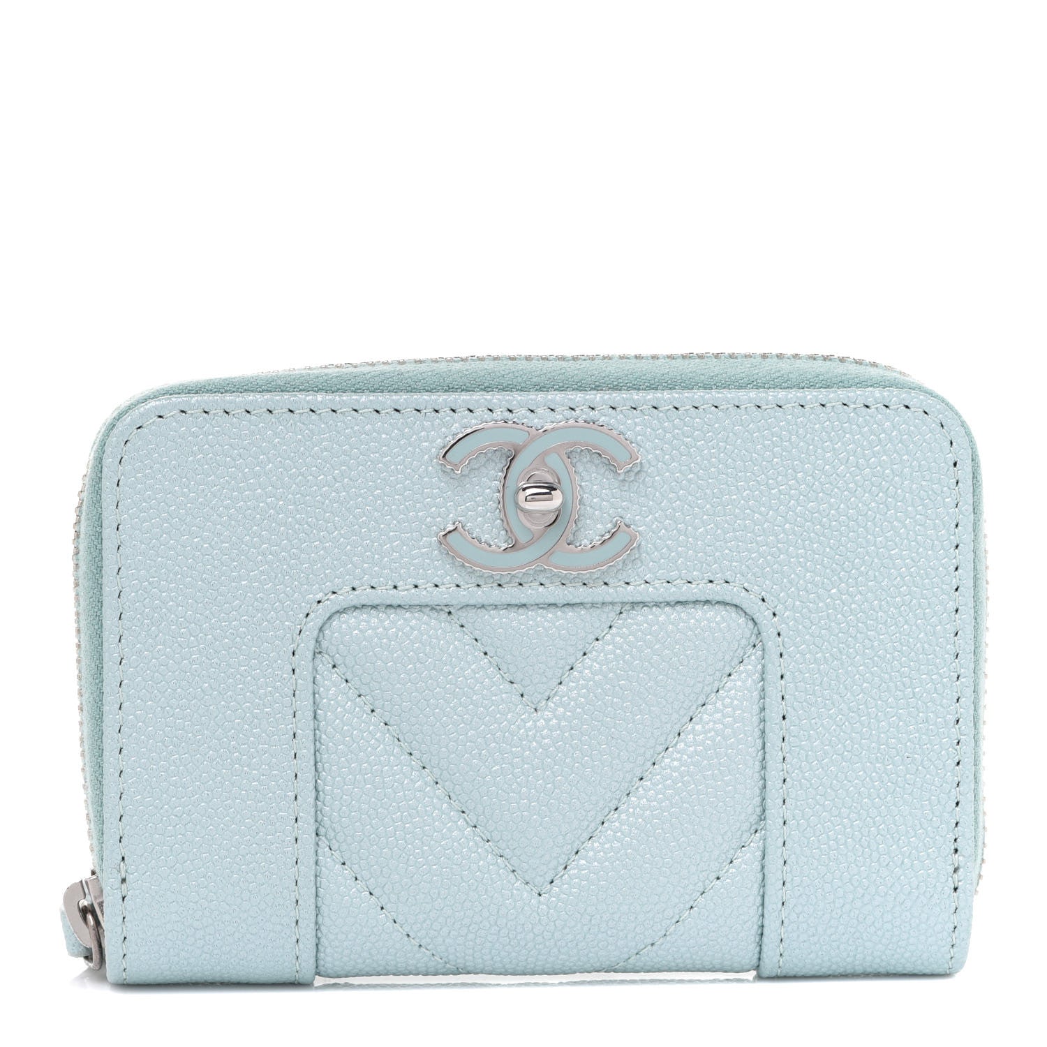 Chanel Metallic Caviar Chevron Quilted Vintage Mademoiselle Zip Coin Purse Light Blue 1 of 7