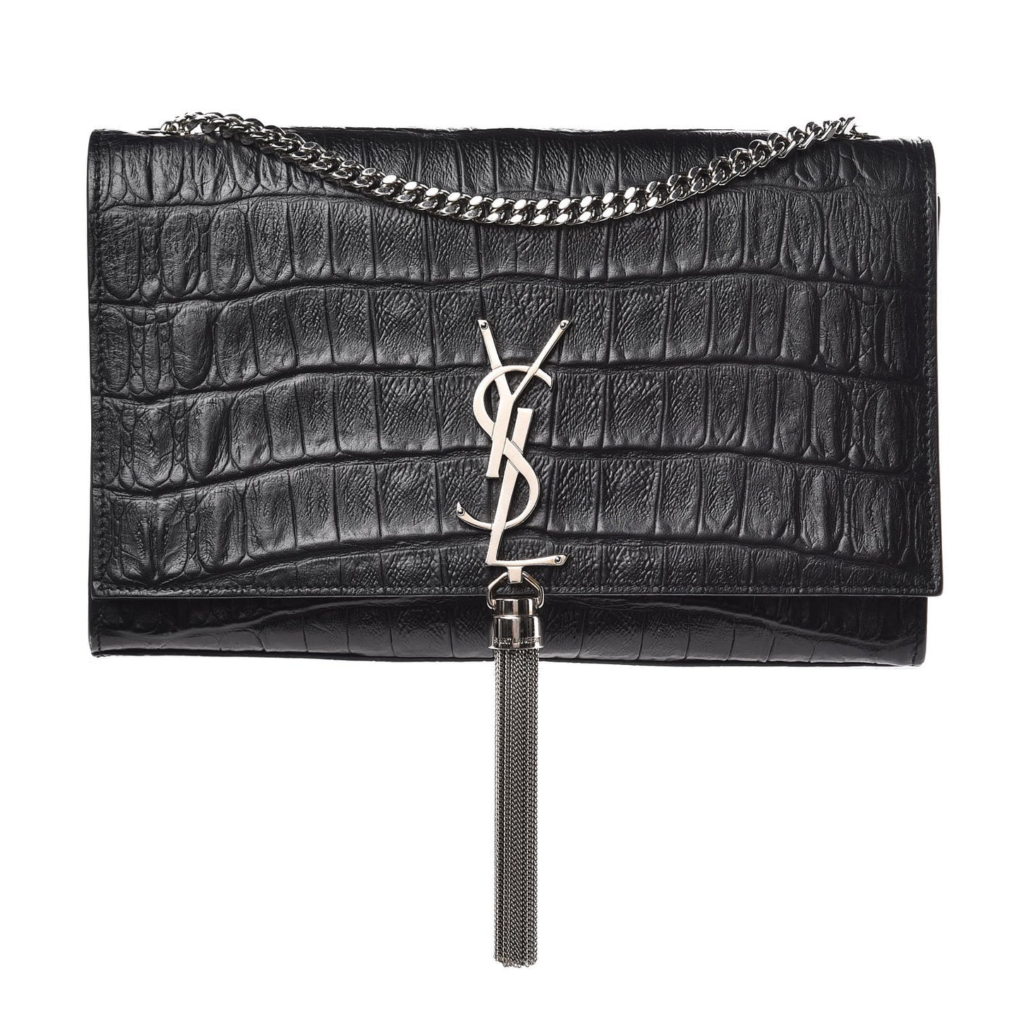Calfskin Crocodile Embossed Medium Classic Monogram Kate Tassel Satchel Black
