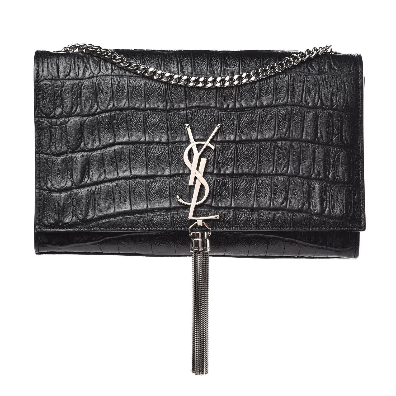 Saint Laurent Calfskin Crocodile Embossed Medium Classic Monogram Kate Tassel Satchel Black 1 of 8