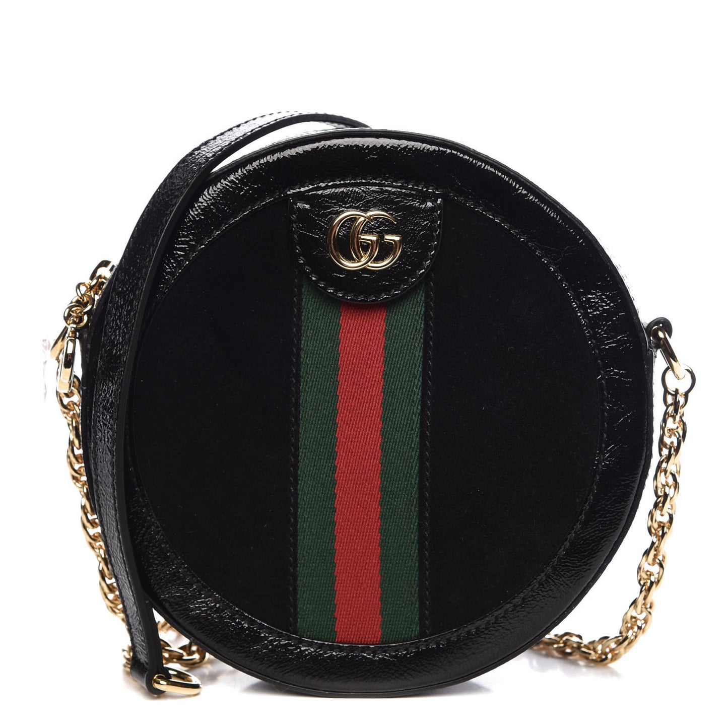 Suede Patent Web Mini Ophidia Round Shoulder Bag Black