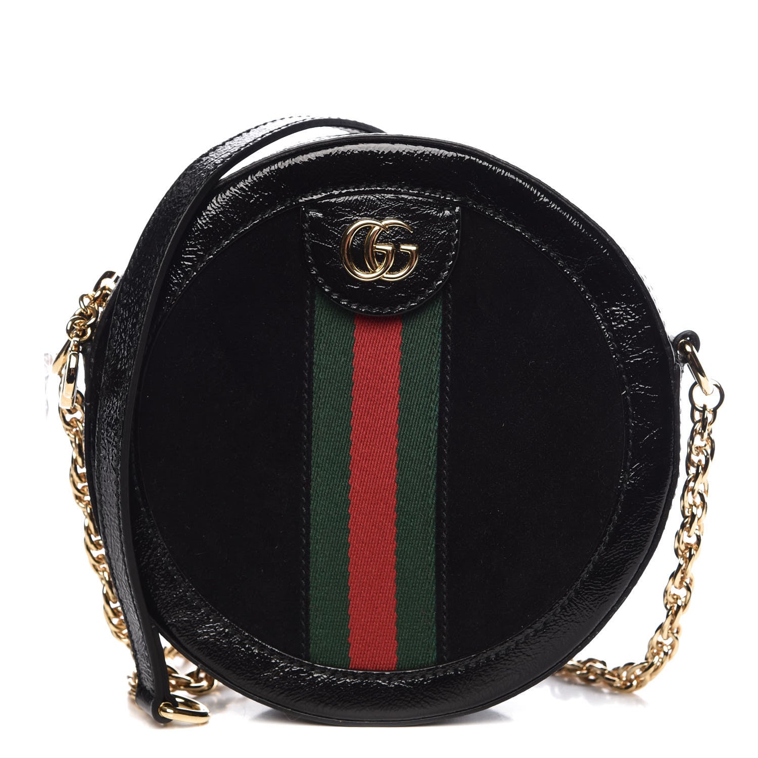 Gucci Suede Patent Web Mini Ophidia Round Shoulder Bag Black 1 of 9