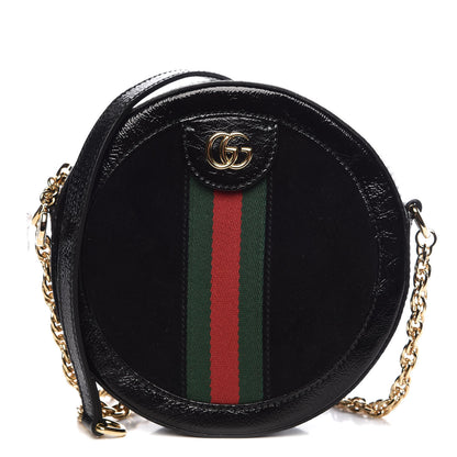 Gucci Suede Patent Web Mini Ophidia Round Shoulder Bag Black 1 of 9