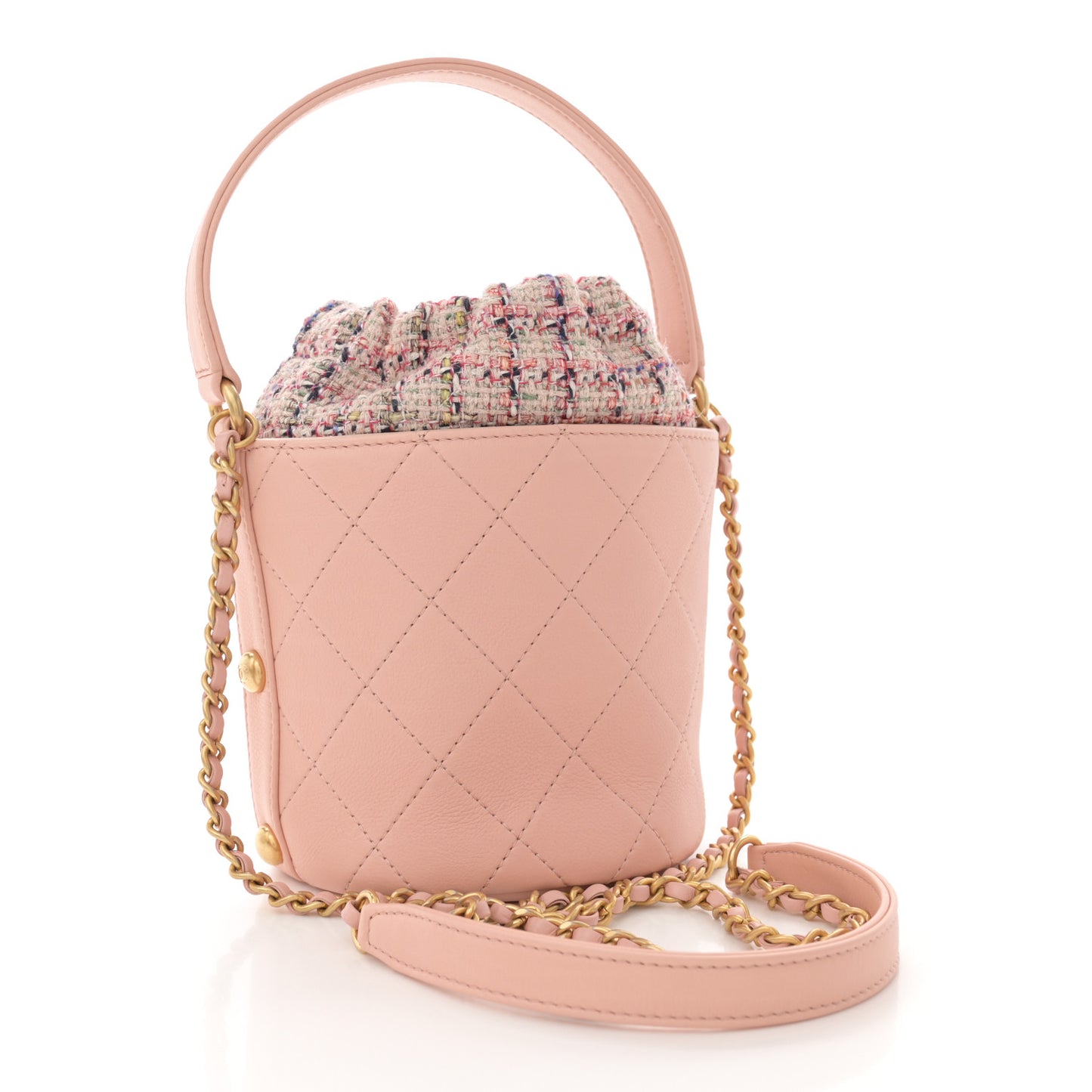 Calfskin Tweed Small CC Chain Bucket Drawstring Bag Light Pink