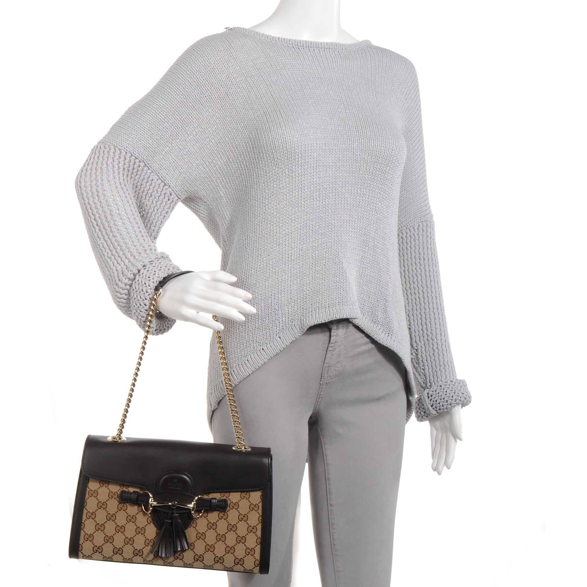 Gucci Monogram Margaux Calfskin Medium Emily Chain Shoulder Bag Beige Ebony Black 2 of 8