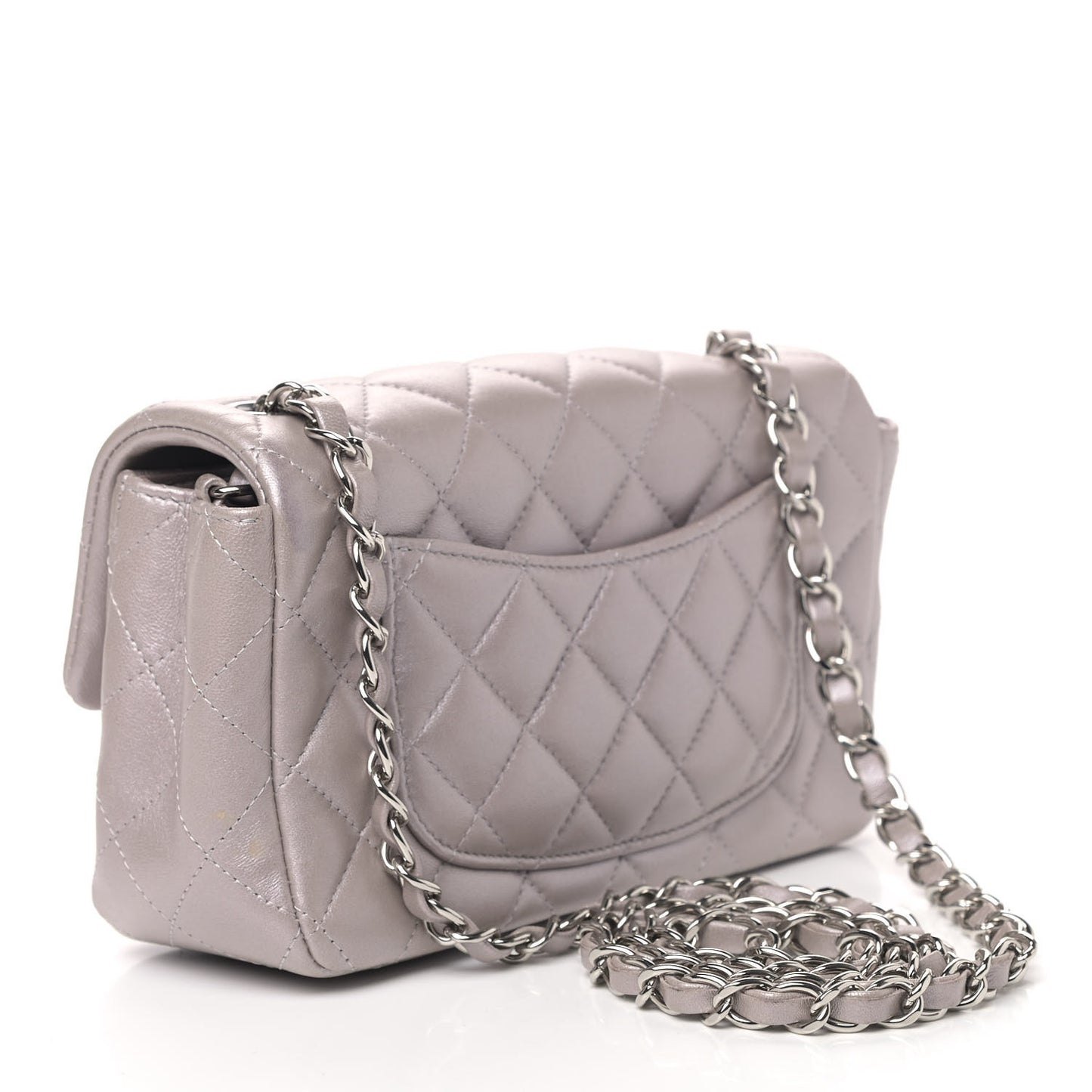 Metallic Lambskin Quilted Mini Rectangular Flap Silver