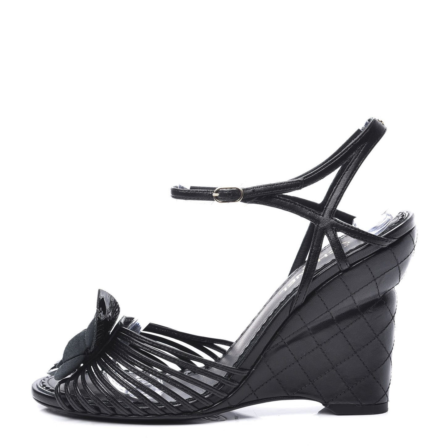 Lambskin Slingback Camellia Wedge Sandals 36.5 Black