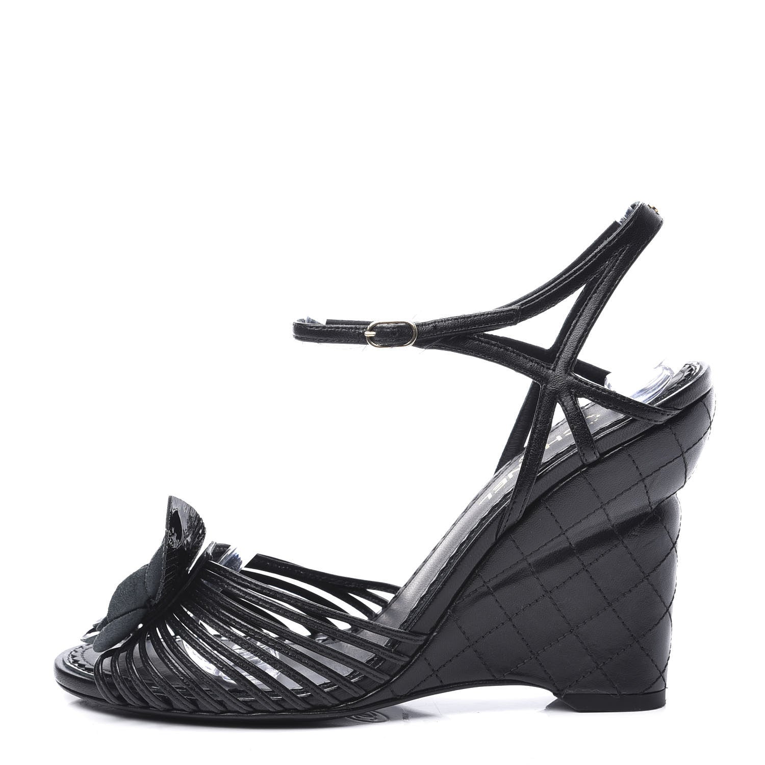 Chanel Lambskin Slingback Camellia Wedge Sandals 36.5 Black 1 of 11