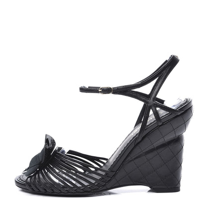 Chanel Lambskin Slingback Camellia Wedge Sandals 36.5 Black 1 of 11