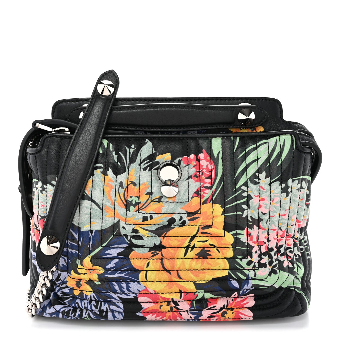 Calfskin Trapuntata Floral Small DotCom Click Chain Satchel Black Multicolor