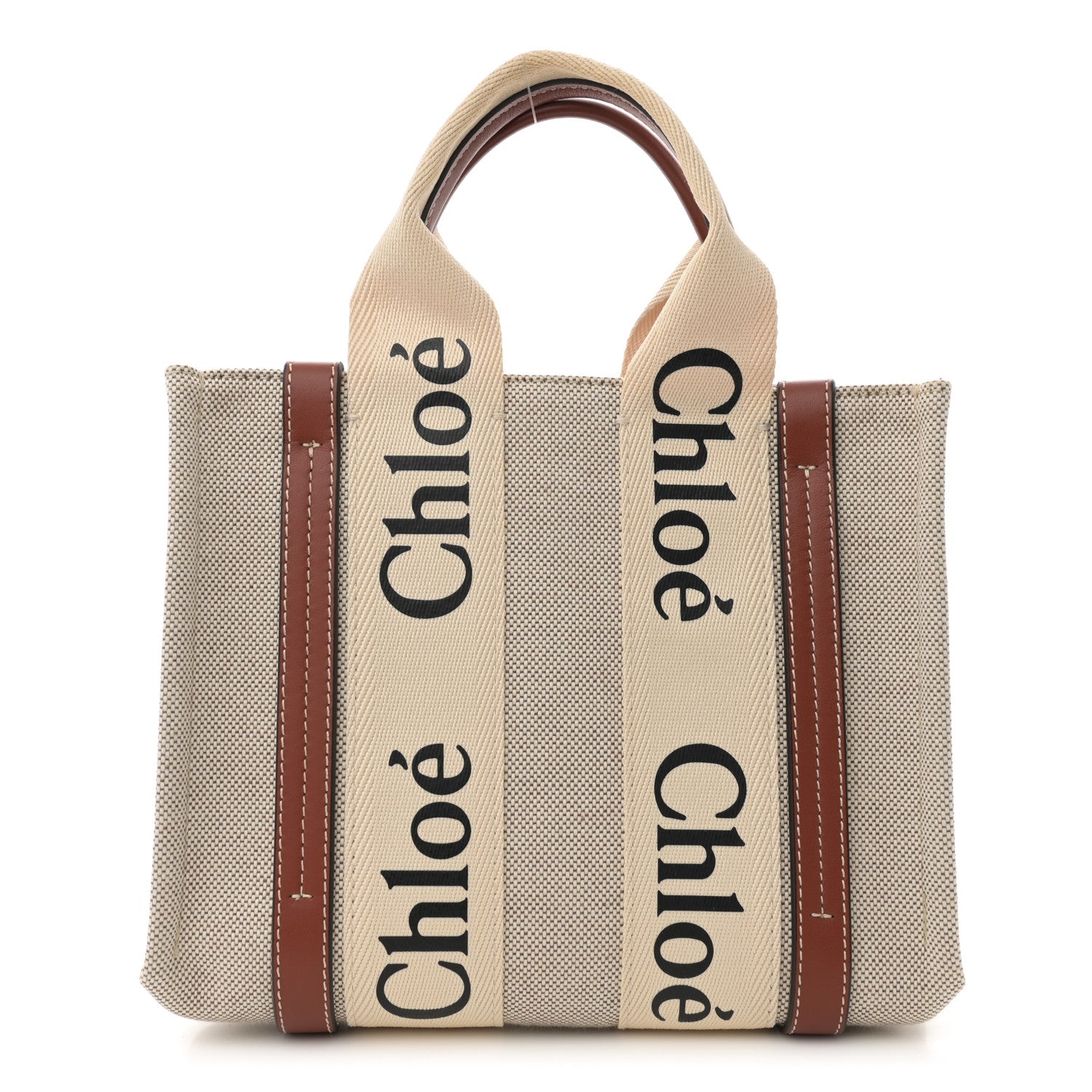 Chloe Cotton Calfskin Small Woody Ribbon Tote White Brown 1 of 10