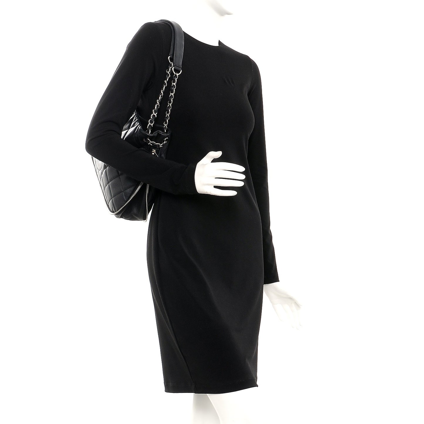 Caviar Quilted Expandable Zip Shoulder Bag Black