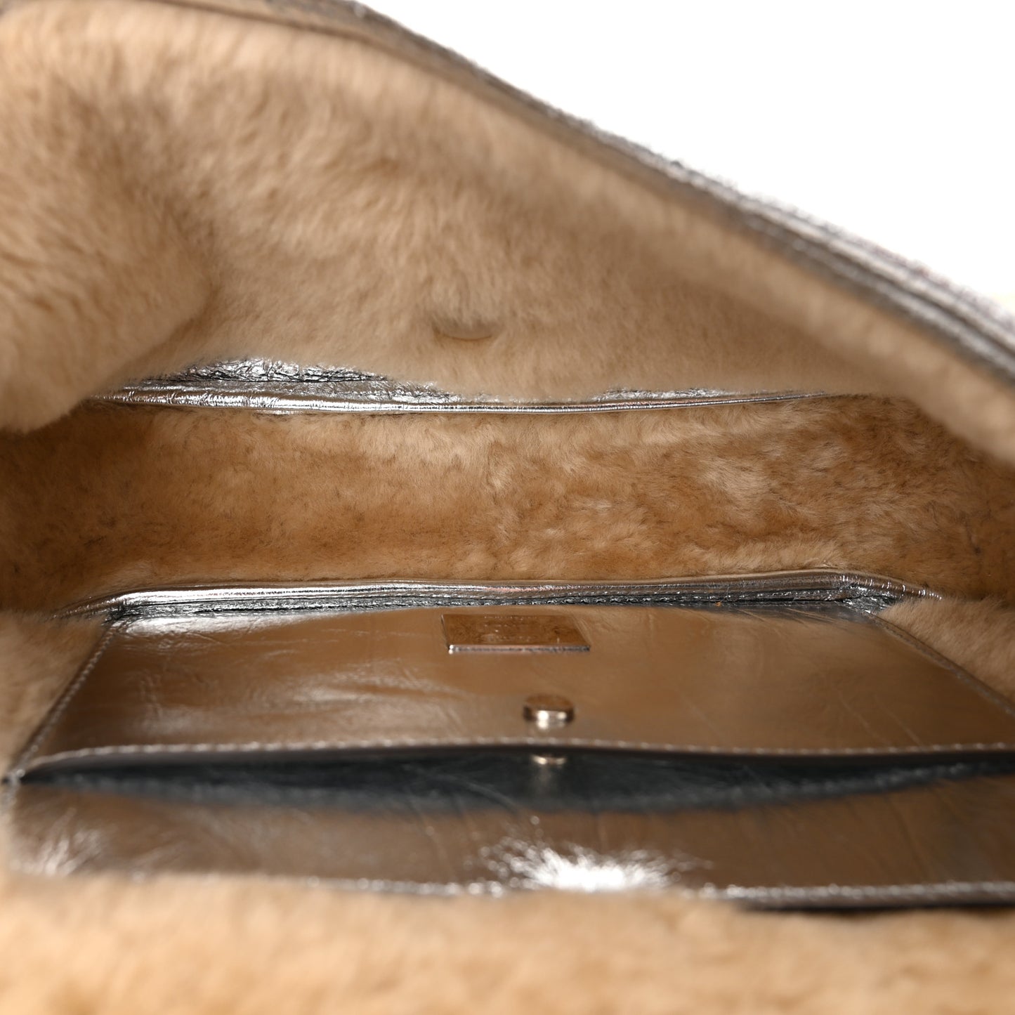 Craquele Lambskin Sheepskin Fur Baguette Argento
