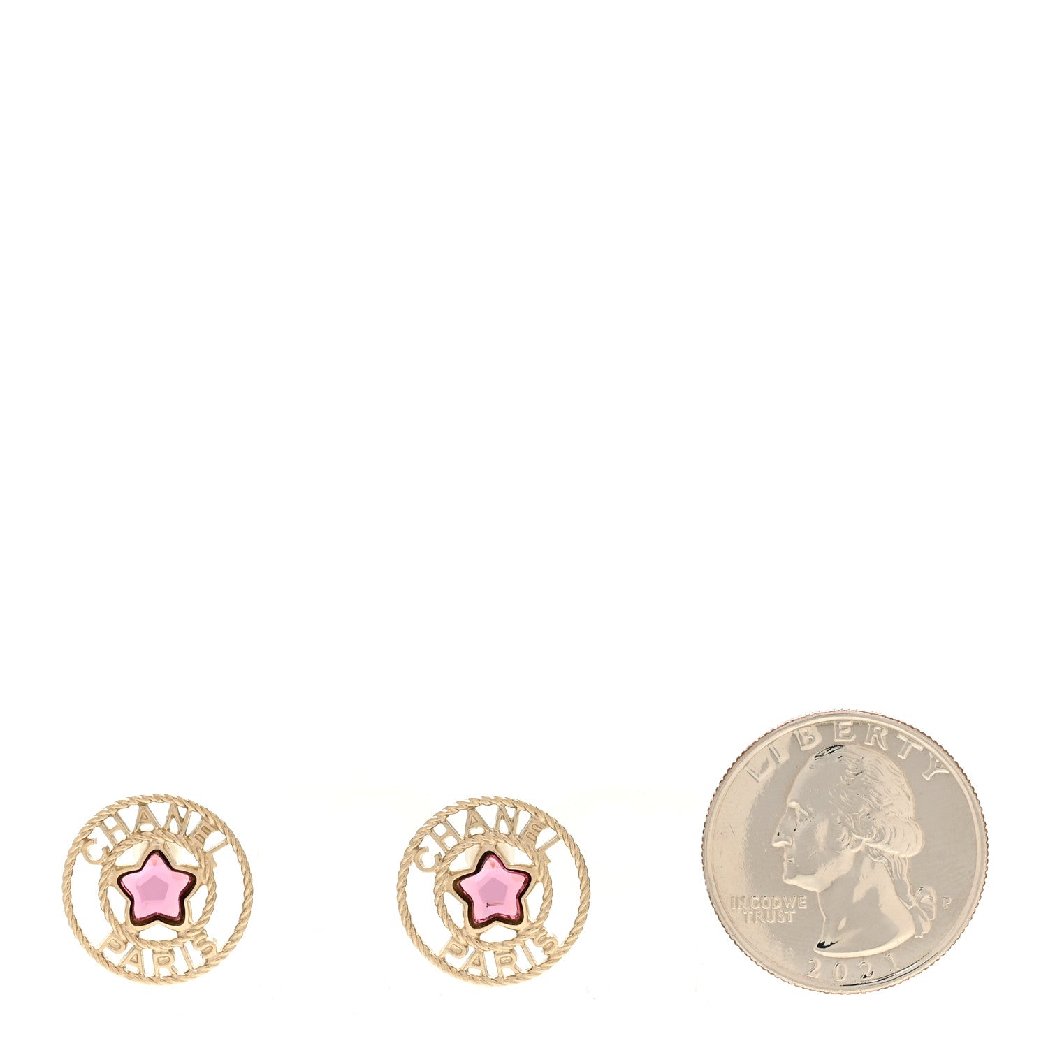Chanel Metal Crystal CC Star Round Stud Earrings Gold Pink 2 of 5