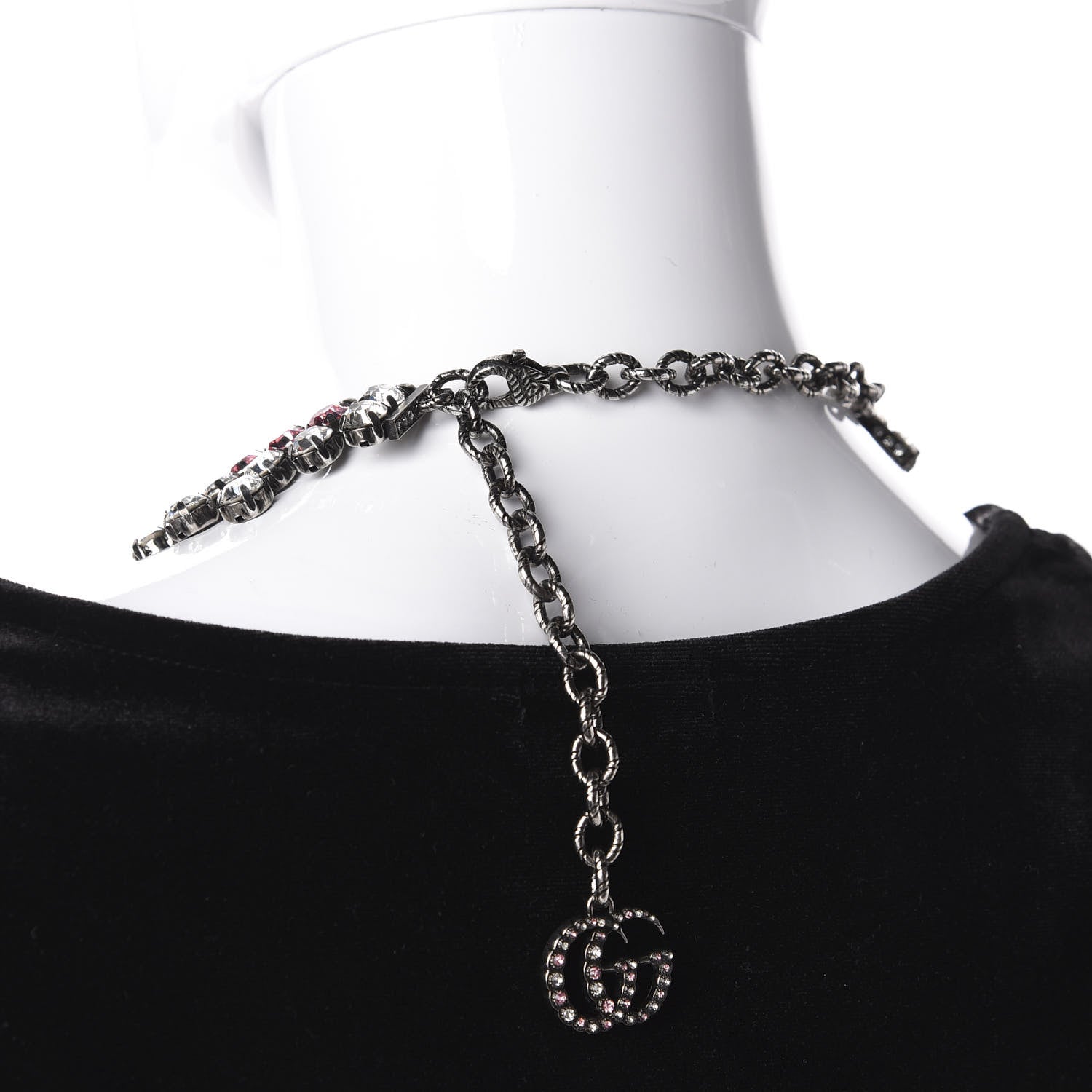 Gucci Crystal Embellished Necklace Pink Aged Silver 3 of 5