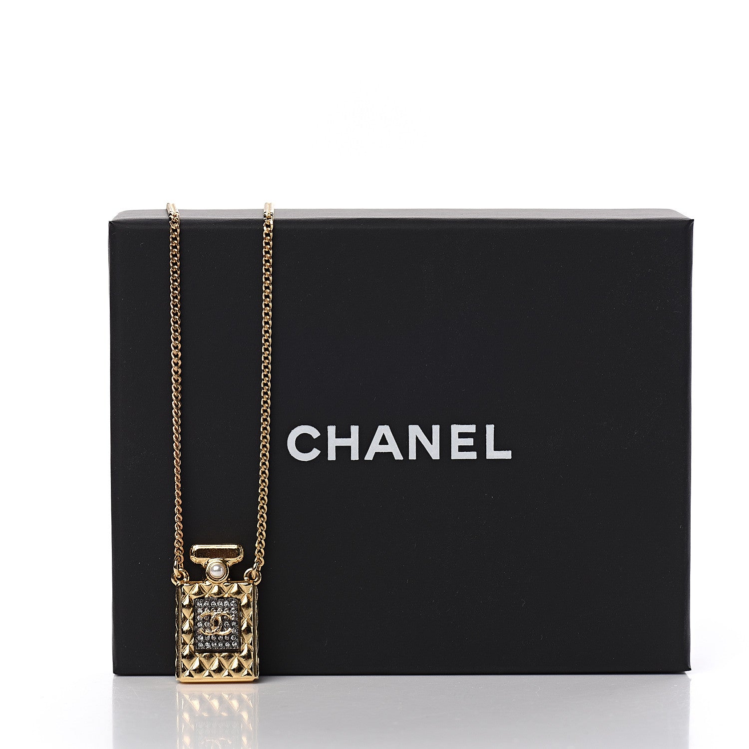 Chanel Crystal Pearl Perfume Bottle CC Necklace Black Gold 4 of 4