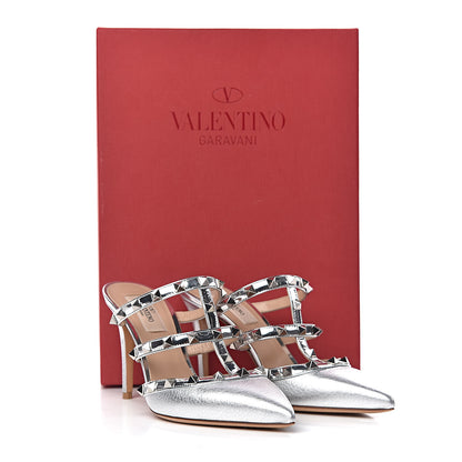Valentino Garavani Metallic Pebbled Calfskin Rockstud 90mm Cage Mules 36.5 Silver 10 of 10