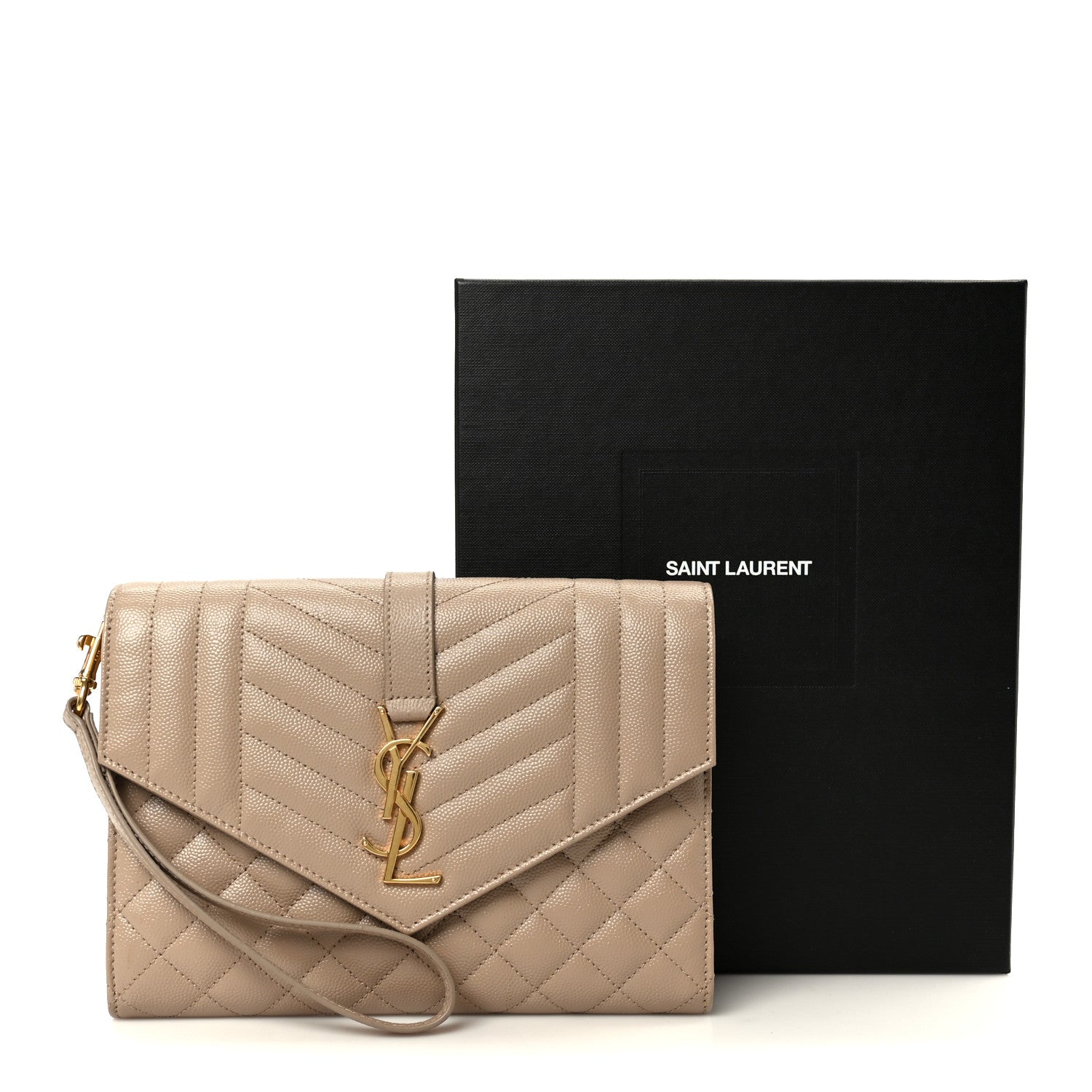 Saint Laurent Grain De Poudre Textured Mixed Matelasse Triquilt Monogram Clutch Dark Beige 9 of 9