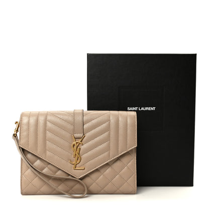 Saint Laurent Grain De Poudre Textured Mixed Matelasse Triquilt Monogram Clutch Dark Beige 9 of 9