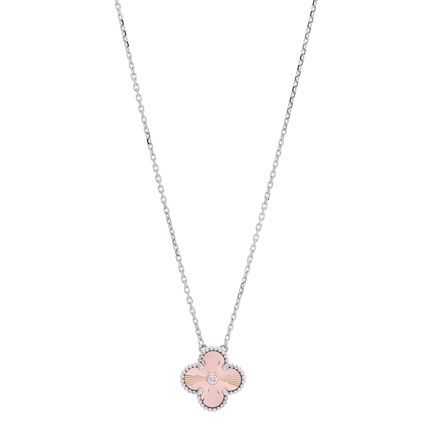 18K White Rose Gold Diamond Guilloche Vintage Alhambra Pendant Necklace