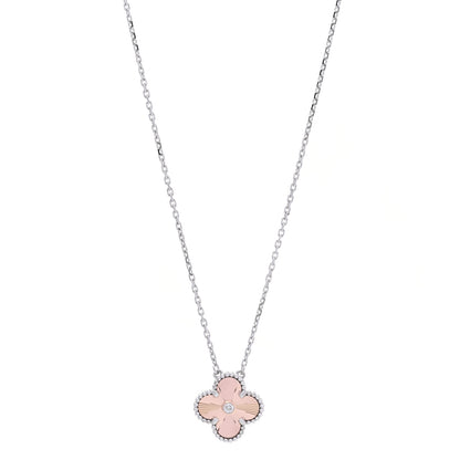 Van Cleef & Arpels 18K White Rose Gold Diamond Guilloche Vintage Alhambra Pendant Necklace 1 of 7