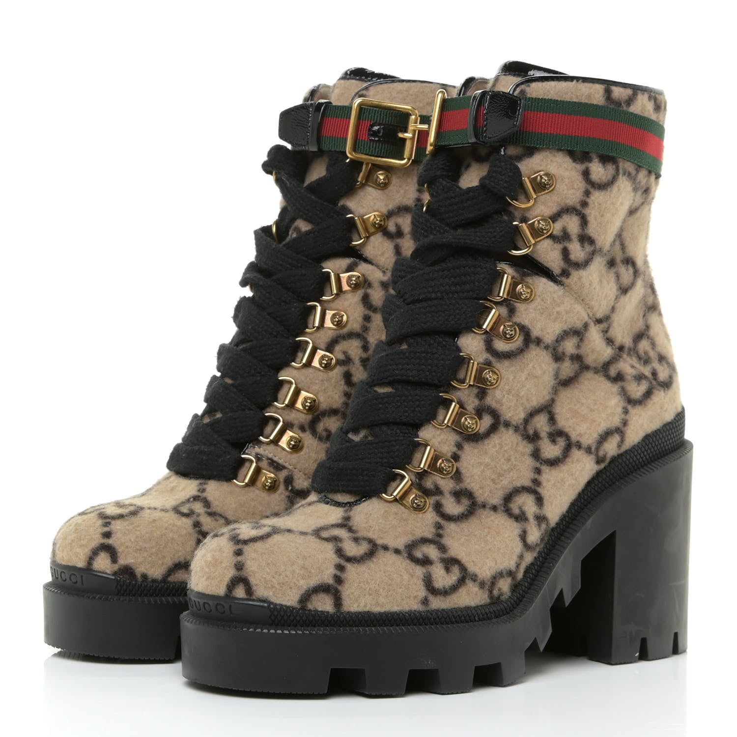 Gucci Covered Wool GG Monogram Womens Lace Up Combat Ankle Boots 37 Beige Ebony Black 3 of 14