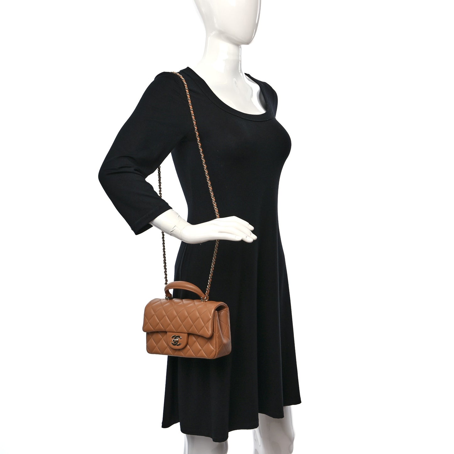 Lambskin Quilted Mini Top Handle Rectangular Flap Dark Beige