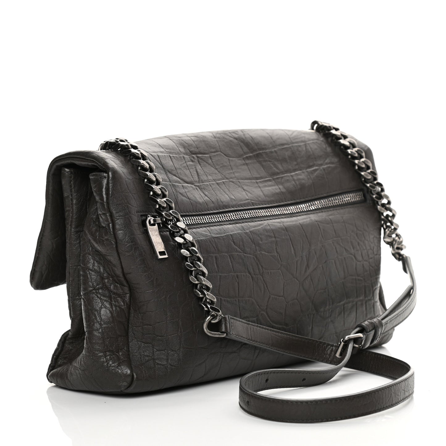 Calfskin Crocodile Embossed Medium West Hollywood Monogram Fold-Over Grey