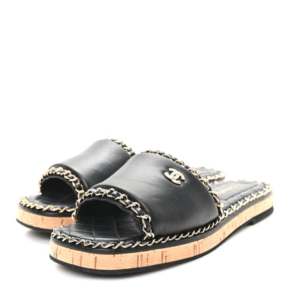 Chanel Lambskin Chain Cork Slide Sandals 37 Black 4 of 9
