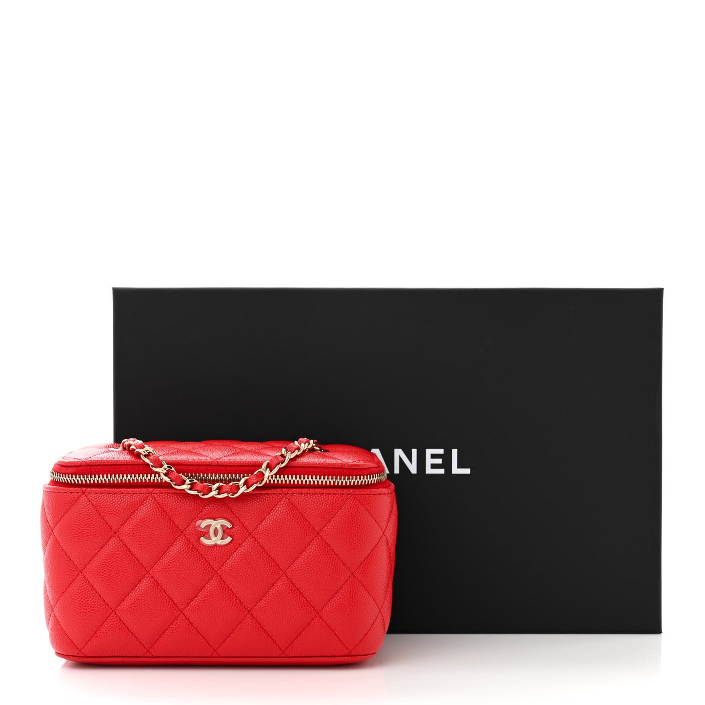 Caviar Quilted Small Vanity Case With Chain Red