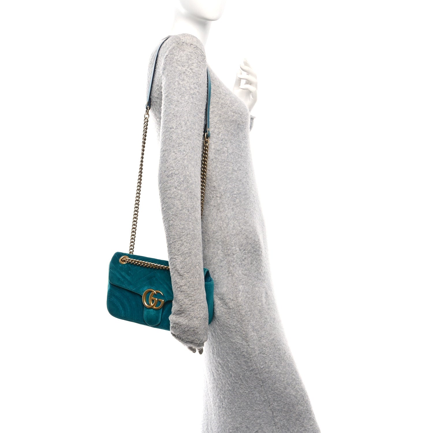 Gucci Velvet Matelasse Small GG Marmont Shoulder Bag Pavone Cyan 2 of 11