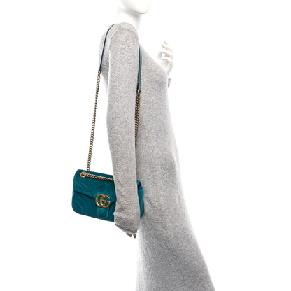Gucci Velvet Matelasse Small GG Marmont Shoulder Bag Pavone Cyan 2 of 11
