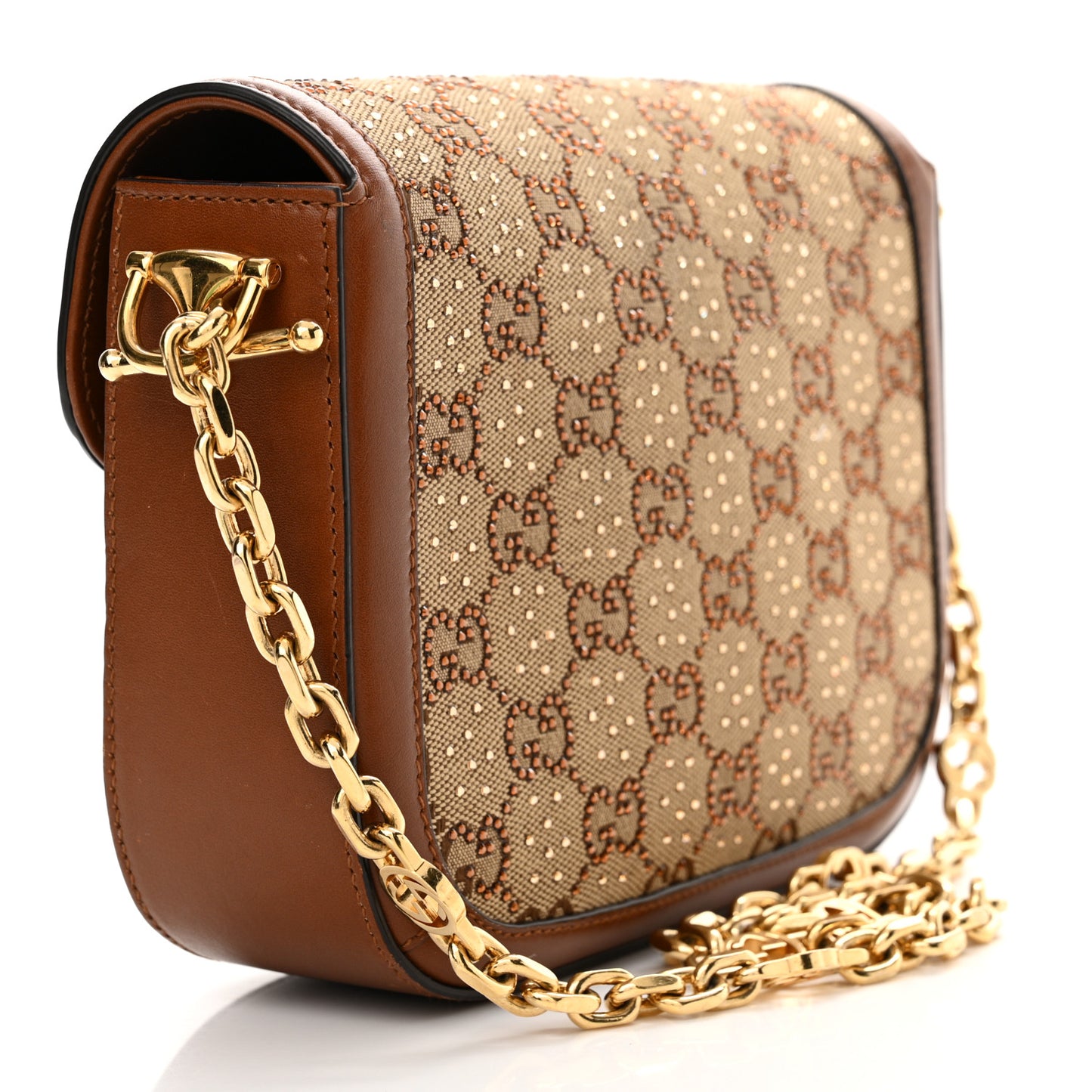 New Canvas Charisma Calfskin Crystal GG Monogram Mini Horsebit 1955 Shoulder Bag Camel Ebony