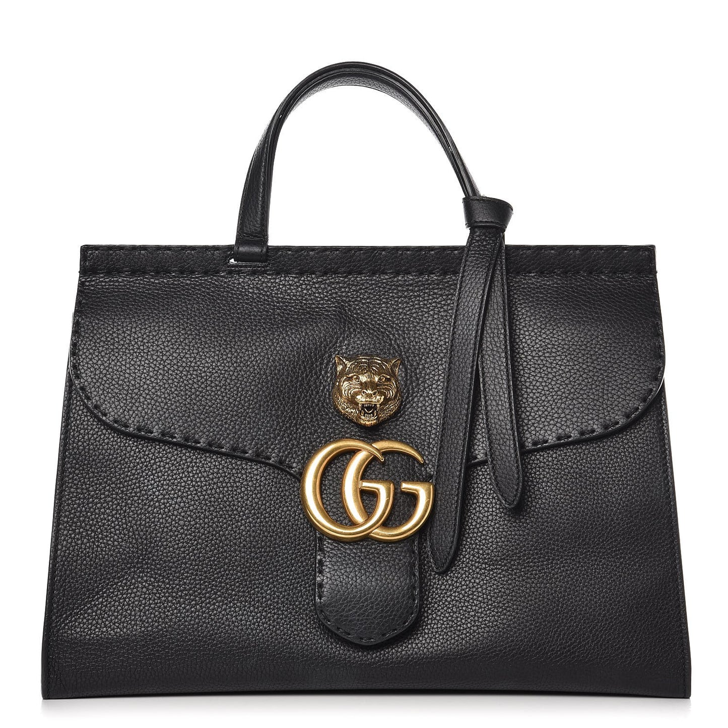 Calfskin Feline Medium GG Marmont Top Handle Bag Black