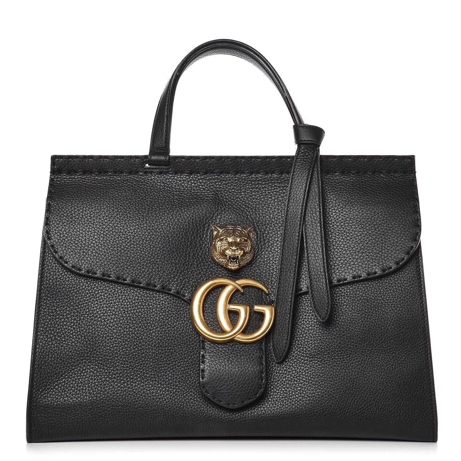 Gucci Calfskin Feline Medium GG Marmont Top Handle Bag Black 1 of 14