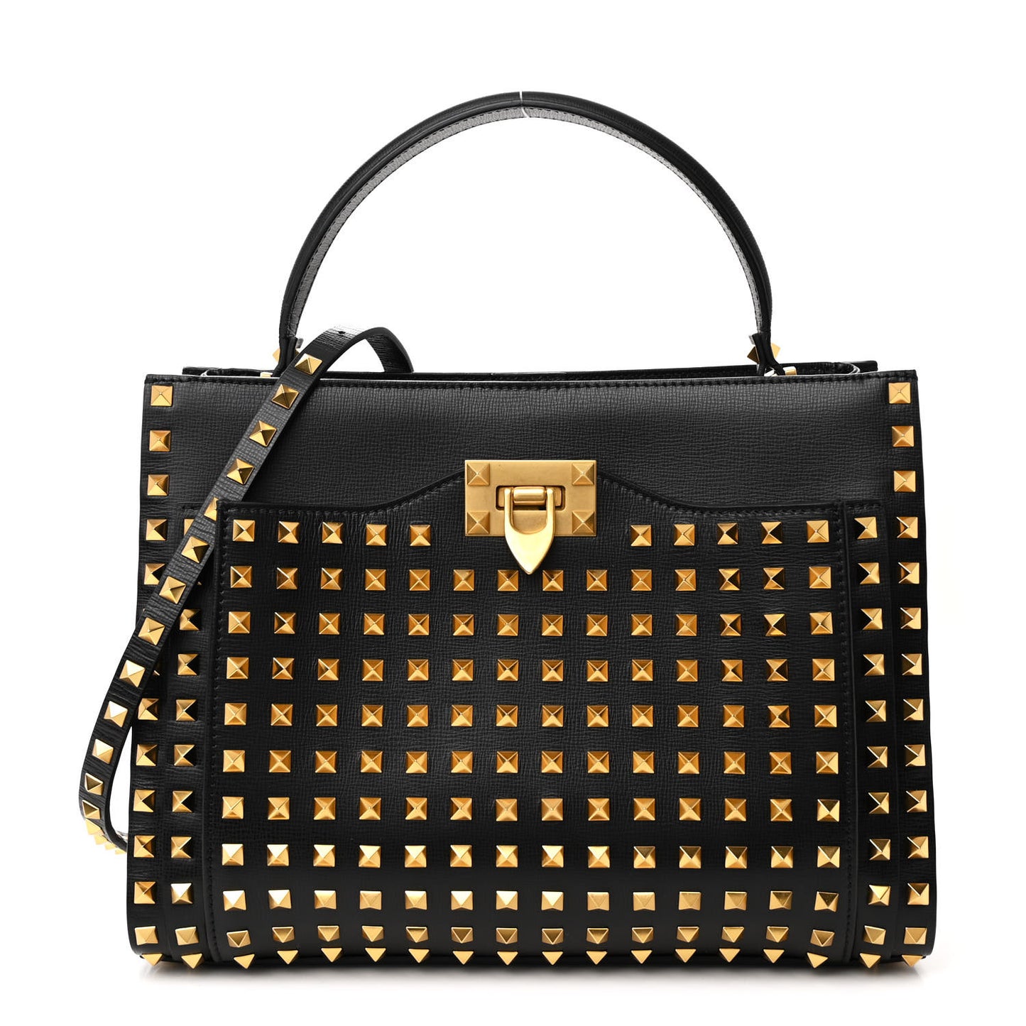 Grainy Calfskin Medium Rockstud Allover Alcove Top Handle Tote Bag Black