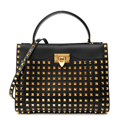 Valentino Garavani Grainy Calfskin Medium Rockstud Allover Alcove Top Handle Tote Bag Black 1 of 11