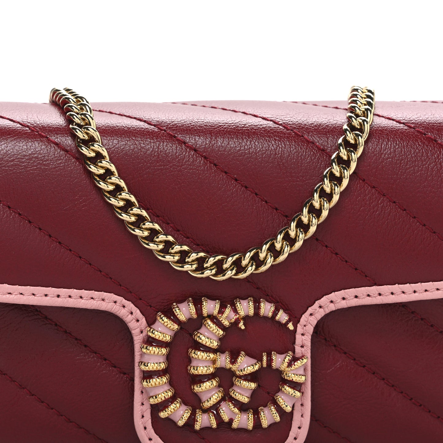 Azalea Calfskin Enamel Matelasse Diagonal Super Mini Torchon GG Marmont Shoulder Bag New Cherry Red Wild Rose