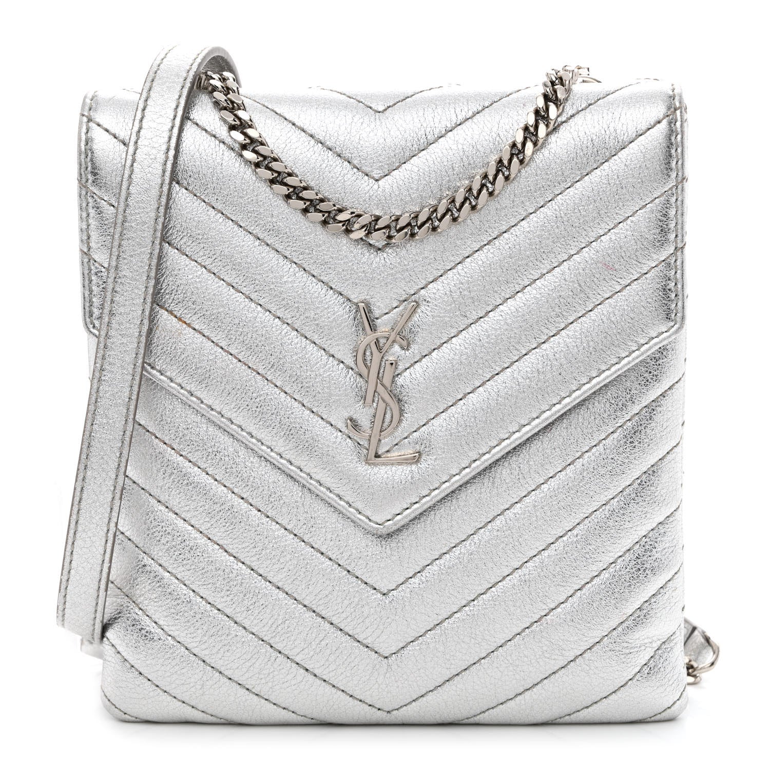 Saint Laurent Metallic Lambskin Quilted Double Flap Bag Silver