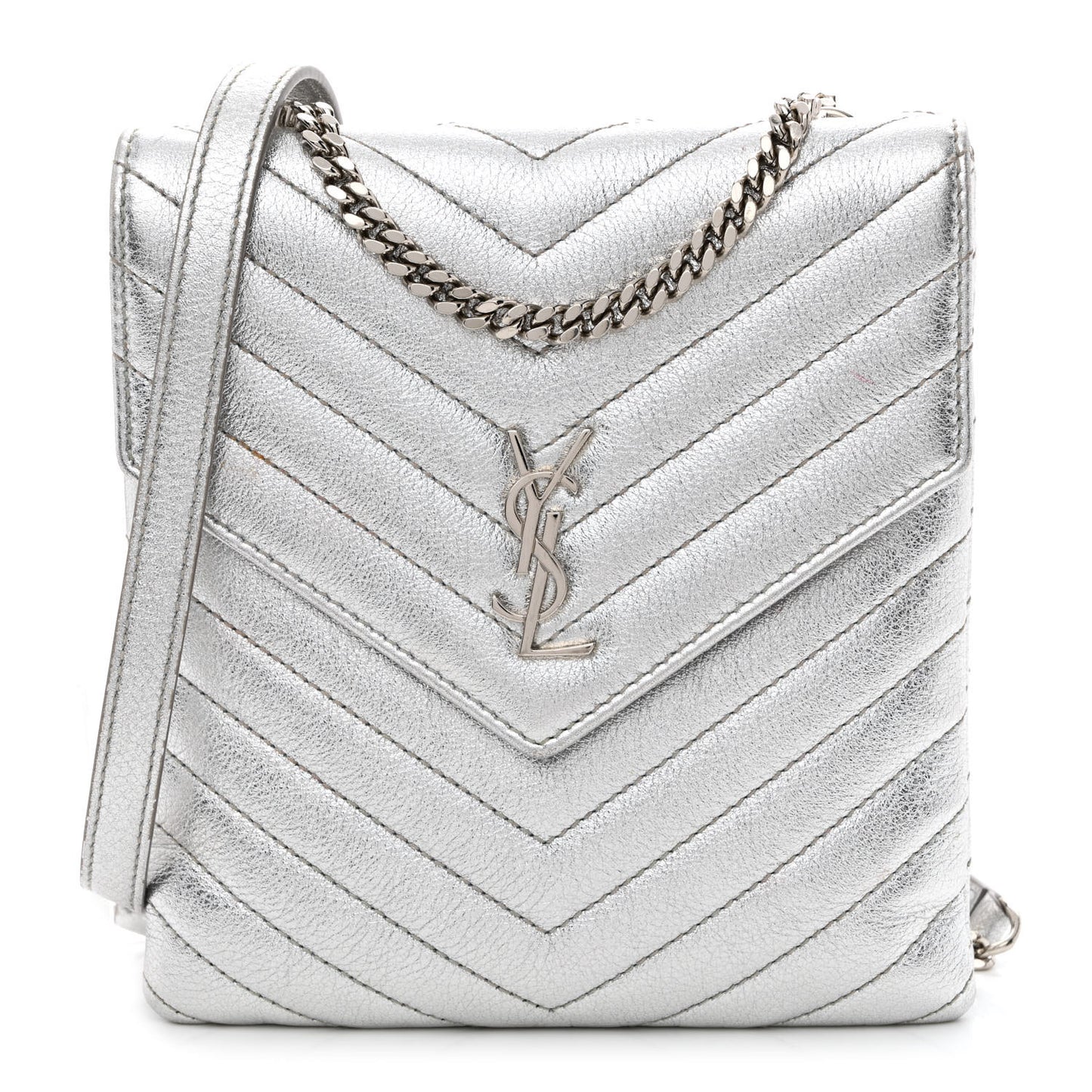 Metallic Lambskin Quilted Double Flap Bag Silver