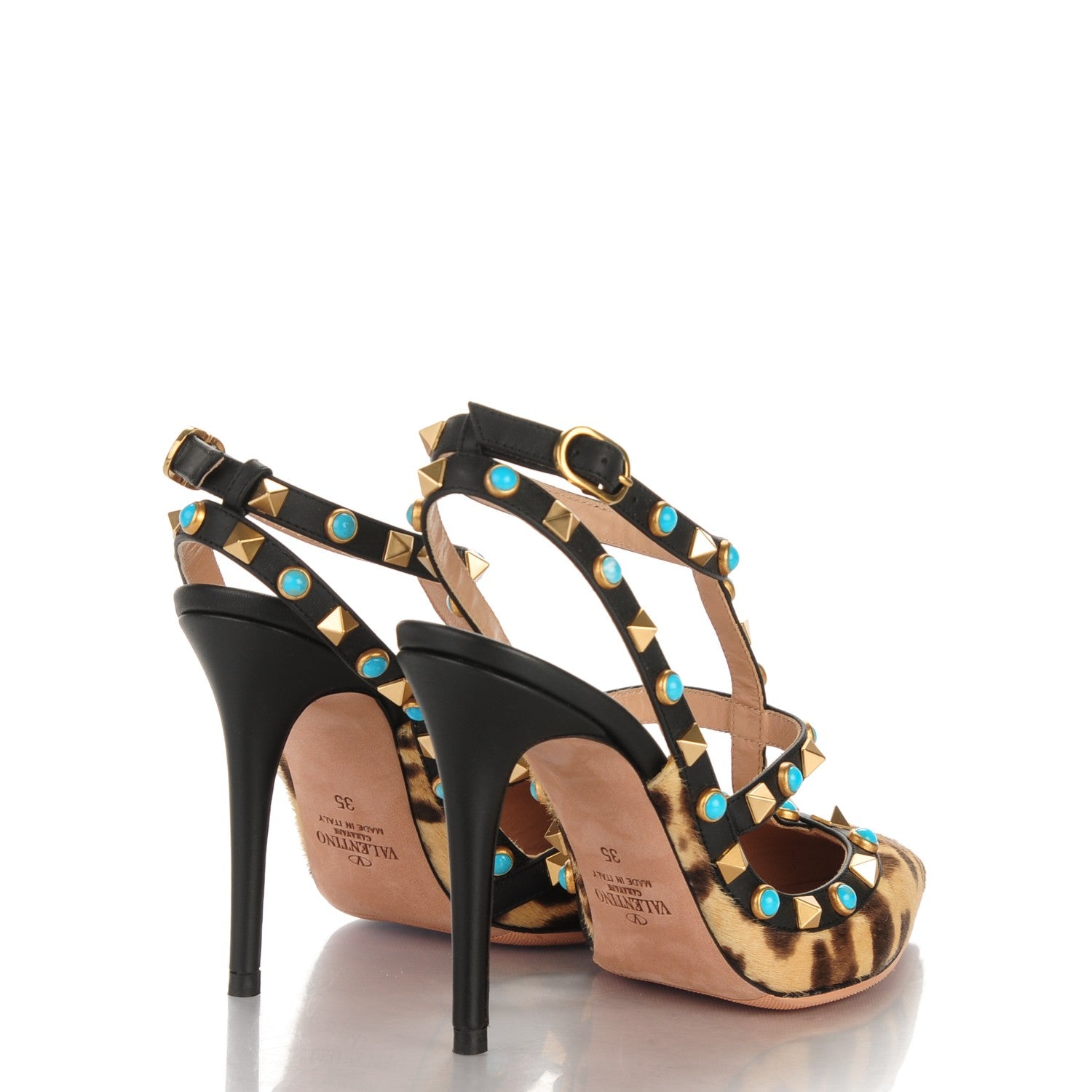 Valentino Garavani Calf Hair Leopard Print Rockstud Rolling Ankle Strap Pumps 35 Champagne Testa di Moro 4 of 7